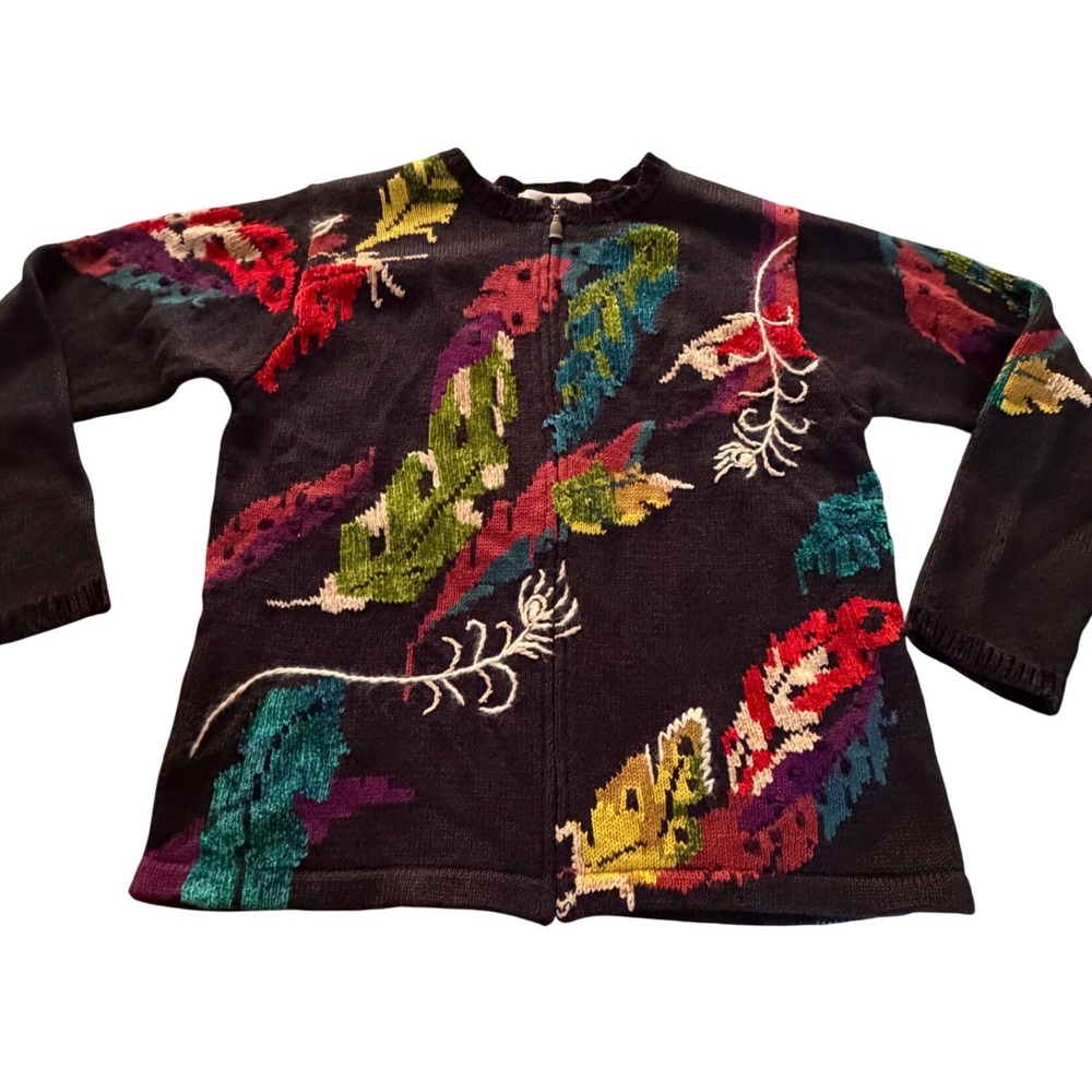 Vintage Y2K Susan Bristol Knit Colorful Cardigan Sweater‎ Feathers Granny Medium
